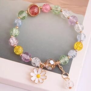 Multicolor Crystal Beaded Korean Jewelry Bracelet with Daisy Charm