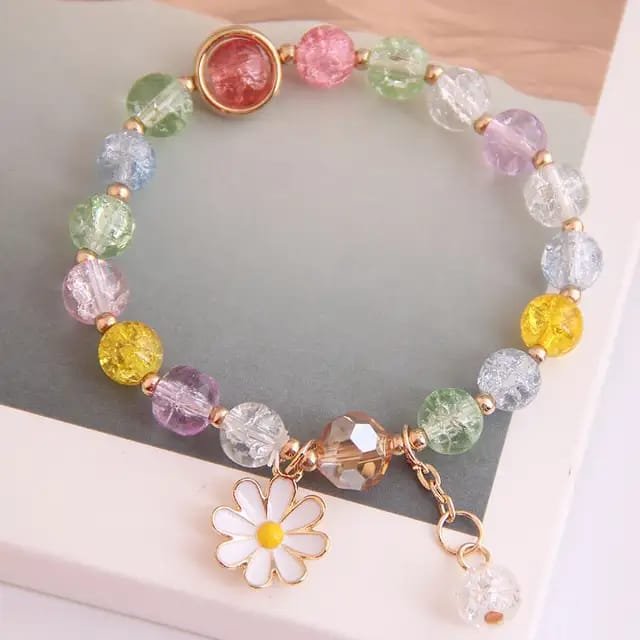 Multicolor Crystal Beaded Korean Jewelry Bracelet with Daisy Charm