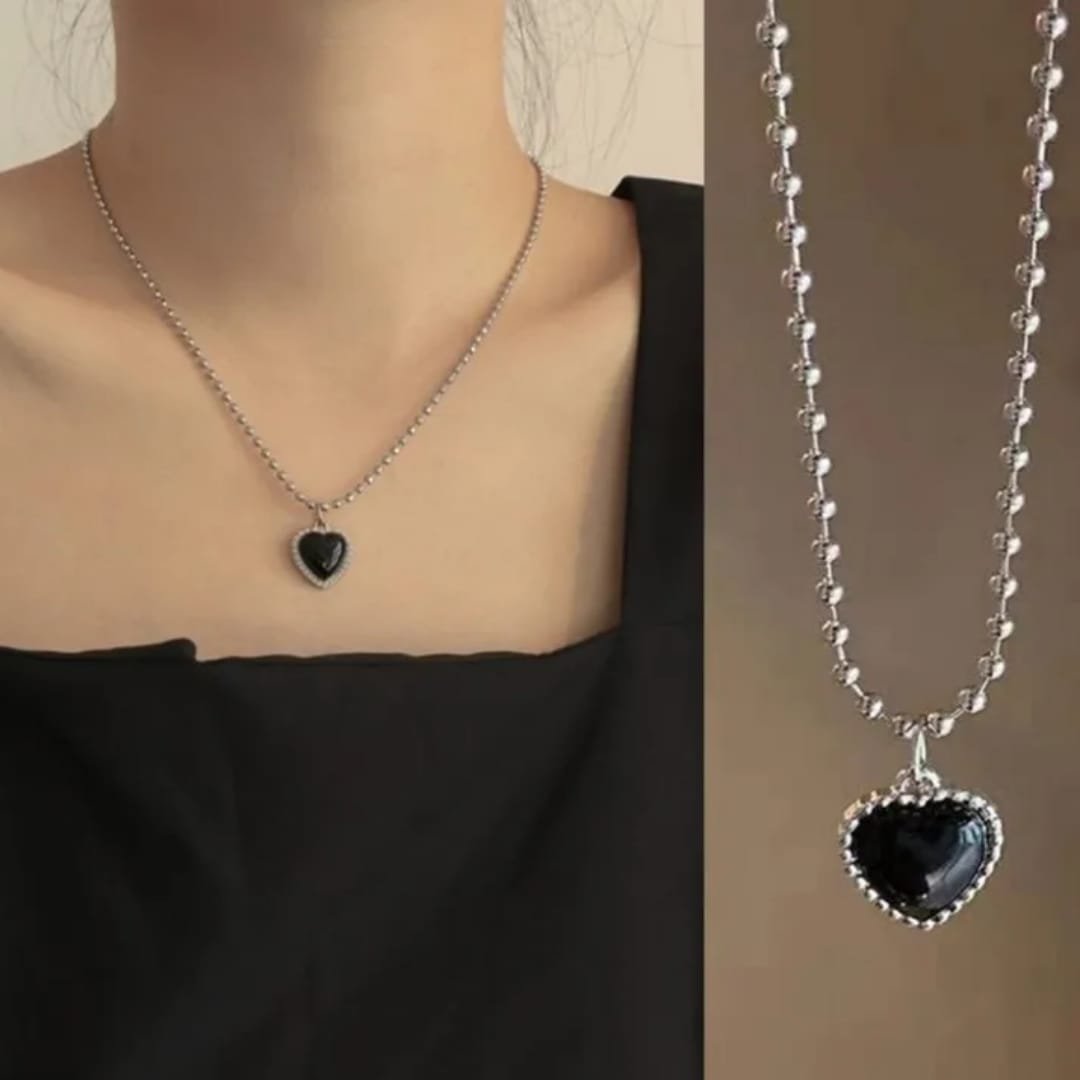 Silver-Plated Black Agate Heart Retro Pendant Korean Jewelry Necklace - Image 2